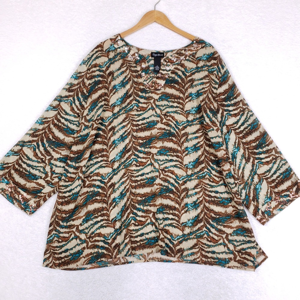 Maggie Barnes Animal Print Blouse Plus Size 3X Sequin V Neck Teal Brown Chiffon